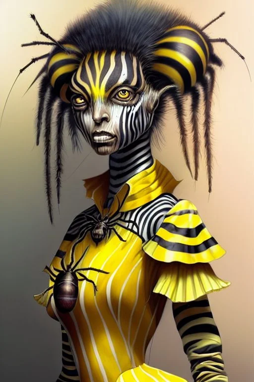 Artist Jean-Baptiste Monge style. A humanoid biomorph Zebra-Spider faced woman. Yellow eyes. A yellow striped ress, covered with spider legs.