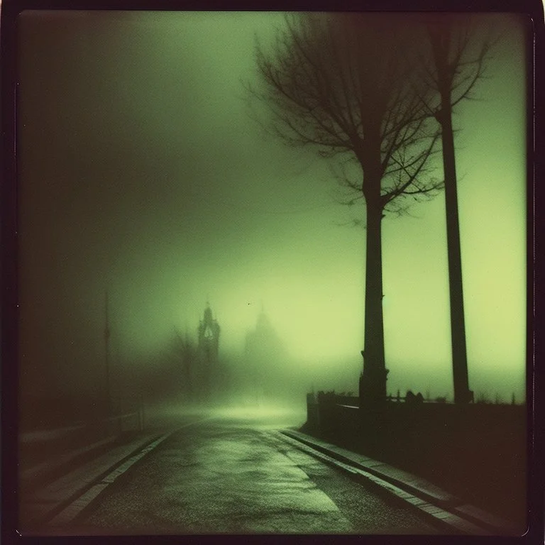 Dark street creepy fog colours strong texture artistic polaroid volumetric light tree nightmare Yves Tanguy