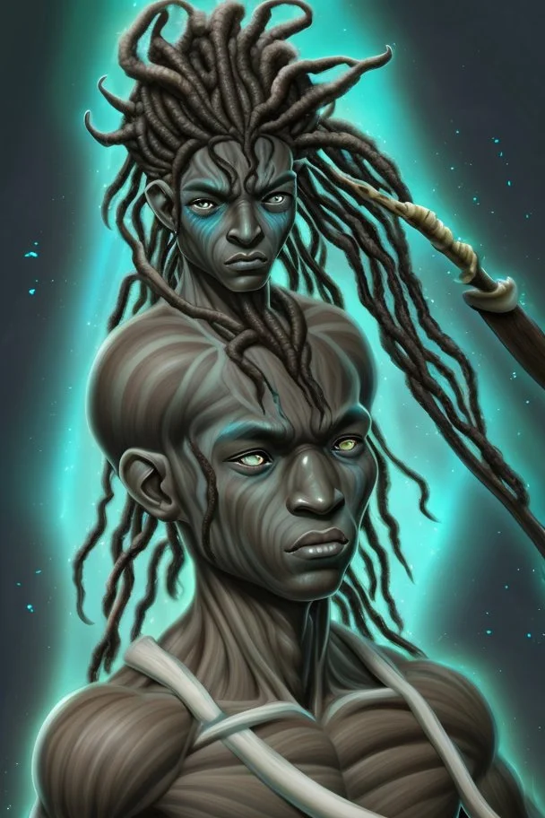 A young male water genasi with deep blue skin color, water shape like dreads on head. Shaolin monk with long stick weapon