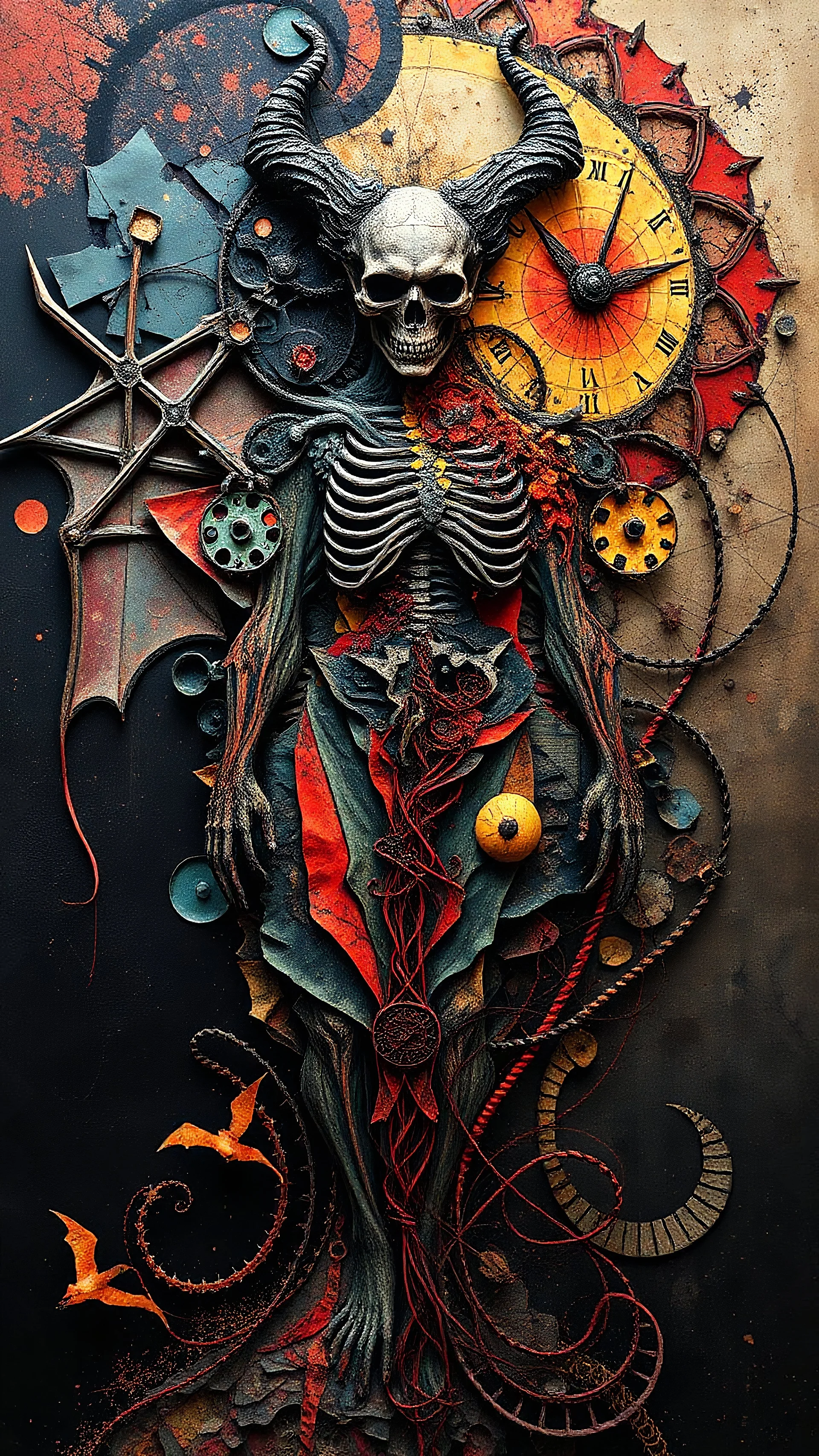 Create a detailed and intricate structure of surreal abstract creative art design using collage techniques inspired by Moebius art that reflects the dichotomy of materialism and idealism, sadism and masochism. Satanism elements in the form of the darkest thoughts colliding with strange color movements and deviant ideologies, His body is distorted by the passage of time. exaggerated features of all human elements, like the darkest dreams. anatomic Book style