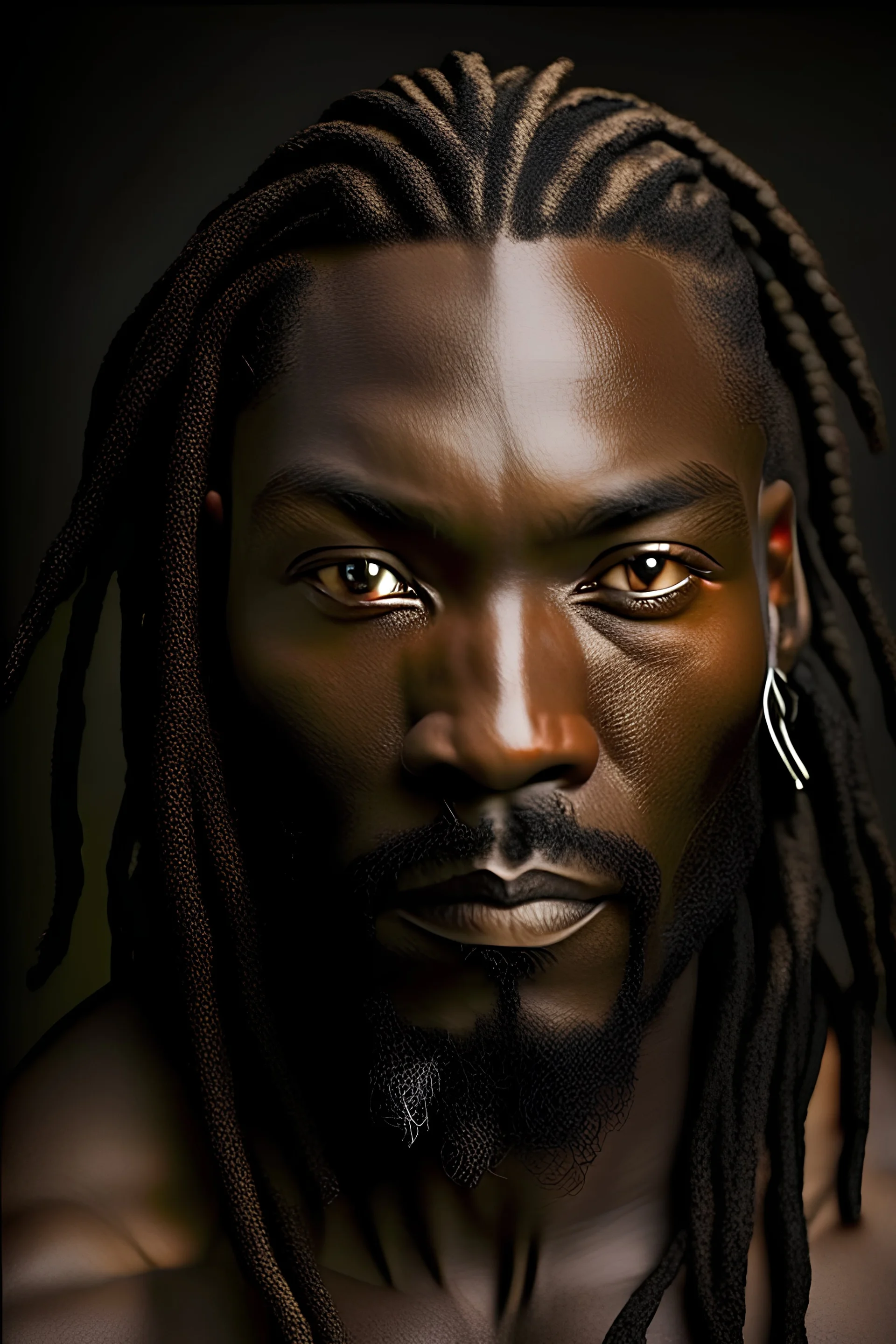 You are an expert photographer with 30 years of experience. You have been asked to photograph a 40 year old African man. He has natural hair cut close to his skull and dark brown eyes. He has dark black skin. He is a warrior with a muscular build and a strong jaw. He does not have facial hair. He does not have braids or dreads. His hair is shaved. He is kind and sensitive. Deliver your result in the form of a photograph.