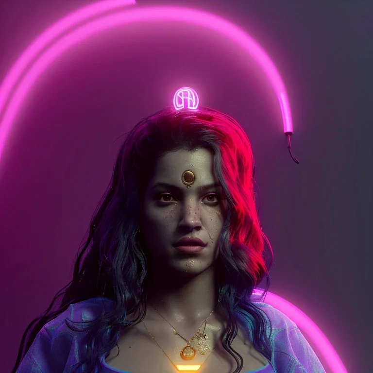 Rosalía artist, sweet woman, black, gold, pink, samurai style, simetric, neon style, a lot of led lights, fog, rain, leather, vibrant color, highly detailed, art stations, concept art, smooth, unreal engine 5, god rays, ray tracing, RTX, lumen lighting, ultra detail, volumetric lighting, 3d, finely drawn, high definition, high resolution.