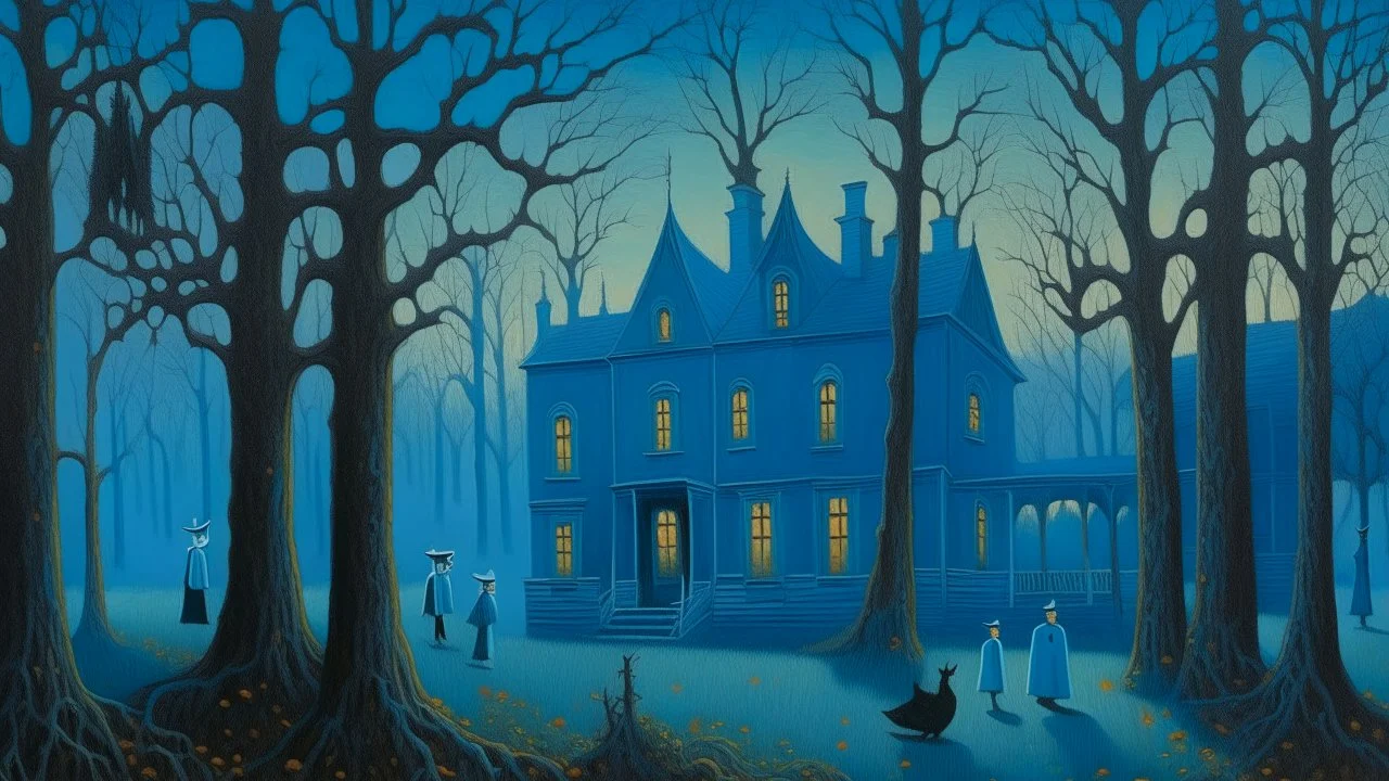 A blue haunted mansion with ghosts painted by Georges Seurat