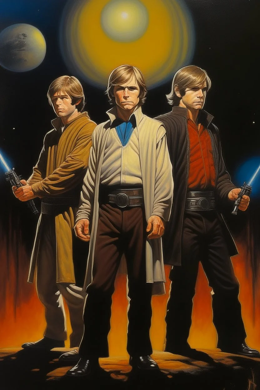 1970's dark fantasy cover dnd style oil painting of dark universe luke skywalker, obi-wan kenobi and han solo wearing sport outfits with minimalist far perspective. Magazine.