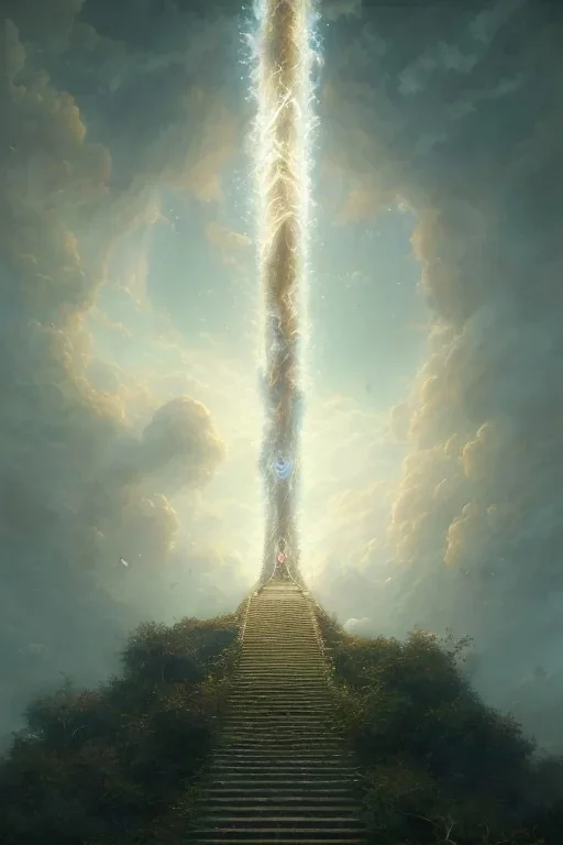 stairway to heaven made of light, sky full of clouds, art by greg rutkowski and peter mohrbacher, featured in artstation, octane render, cinematic, elegant, intricate, ultra detailed, rule of thirds, professional lighting, unreal