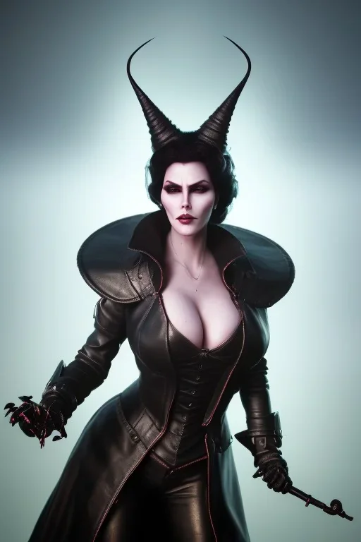 Amy Dumas as evil queen in black leather, leather, busty, cleavage, angry, rage, stern look. character design by cory loftis, fenghua zhong, ryohei hase, ismail inceoglu and ruan jia. unreal engine 5, artistic lighting, highly detailed, photorealistic, fantasy