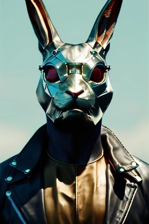 Medium Close Up Portrait, Front image. cyberpunk, rabbit mask, British man, white short hair. leather, gold suit. White, black, red, color. Retro futuristic style. Color background, photo studio. Avatar image, highly detailed, concept art, smooth, unreal engine 5, god rays, ray tracing, RTX, lumen lighting, ultra detail, volumetric lighting, 3d, finely drawn, high definition, high resolution.