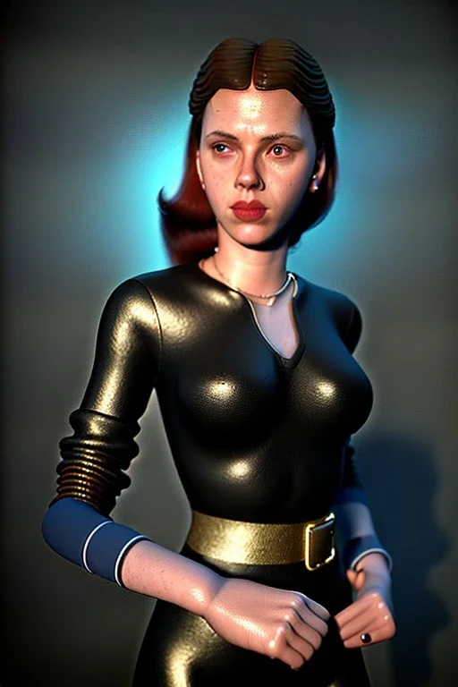 retro portrait image from 1960, New York explosion, long hair, young Scarlett Johansson, classic black tight lycra suit, gold bracelet and belt, high heel boots, soft color, highly detailed, unreal engine 5, ray tracing, RTX, lumen lighting, ultra detail, volumetric lighting, 3d, finely drawn, high definition, high resolution.