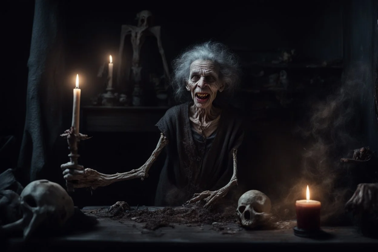 photorealistic. extreme scary and evil elderly skinny witch. with big dirty ugly sharp teeth. with dark curly hair and a long broken nose, holding a vodoo doll in left hand and putting needles in the vodoo dol with right hand, with lots of ghosts flying around, Epic, mysterious environment, 16k, UHD, HDR, (Masterpiece:1.5), Best Quality:1.5) with full blown rabies