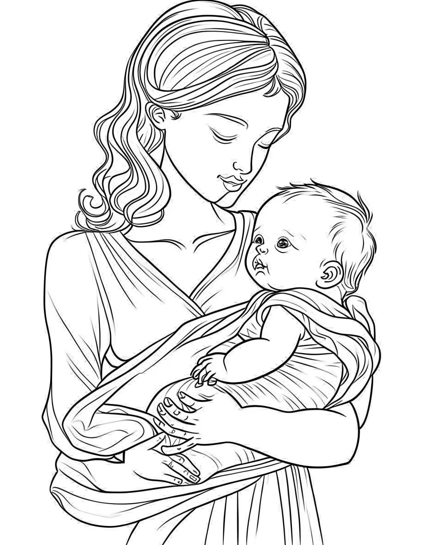 mother with her child coloring page, full body (((((white background))))), only use an outline., real style, line art, white color, clean line art, white background, Sketch style