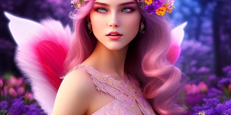 bright fairy, beautiful portrait, flowery landscape