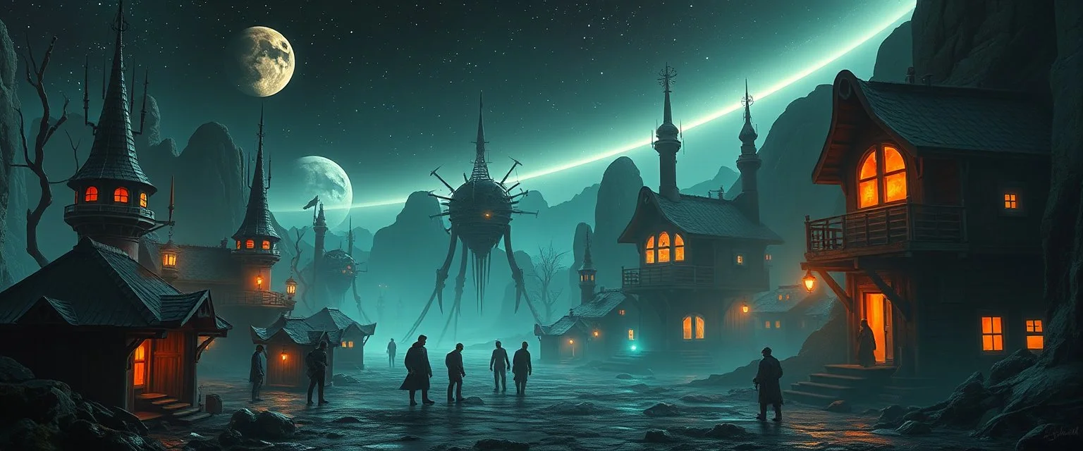 the first nation, robotic witchcraft, cyberpunk village, sci-fi, strange vessels
