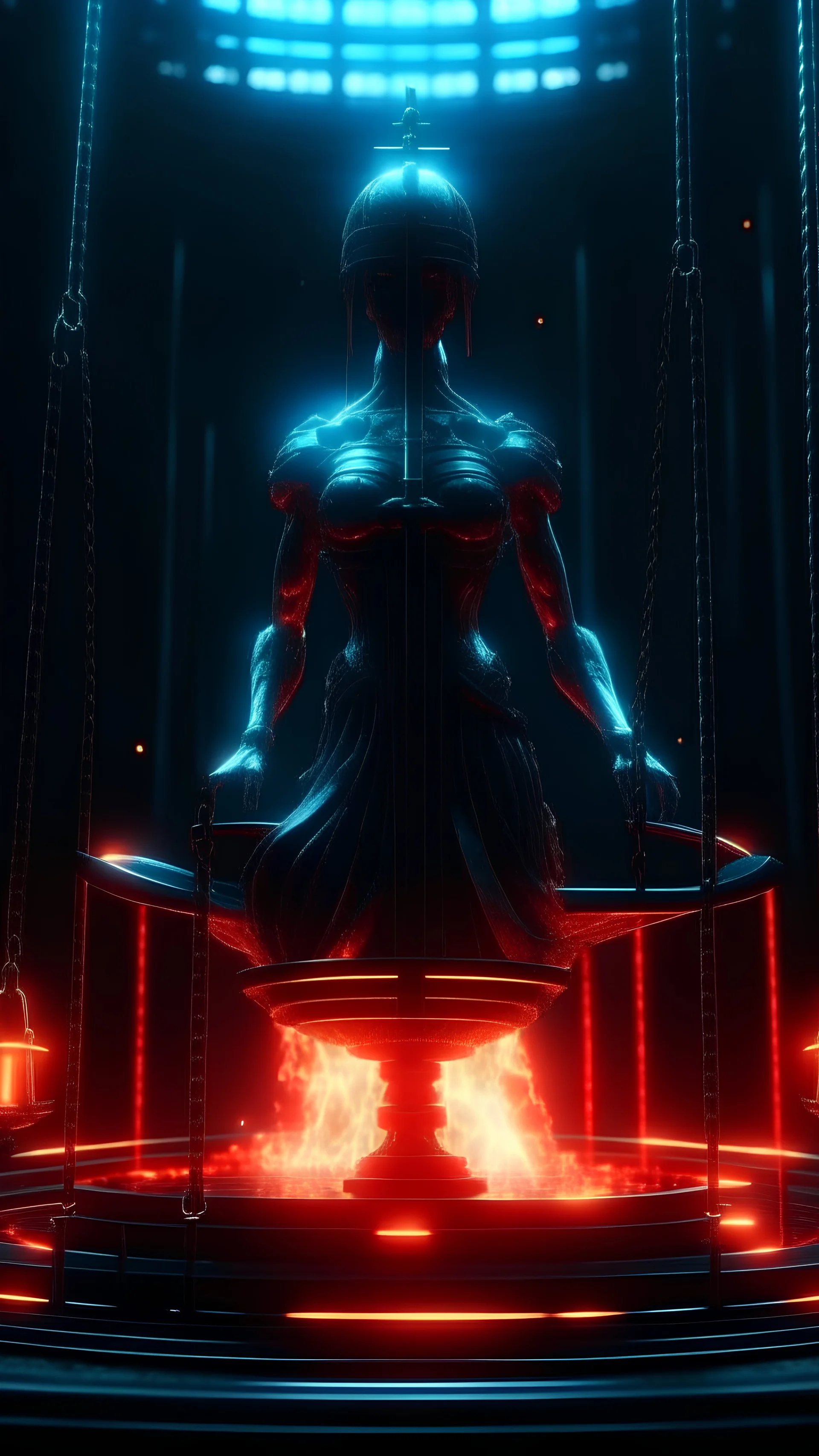 4K. REALISTIC FULL DETAILS. FULL LIGHTS. THEMIS SYMBOL OF JUSTICE BLEEDING WITH SCALES AND A SWORD GODNESS CYBERPUNK. BACKGROUND JAIL FIRESTARTER