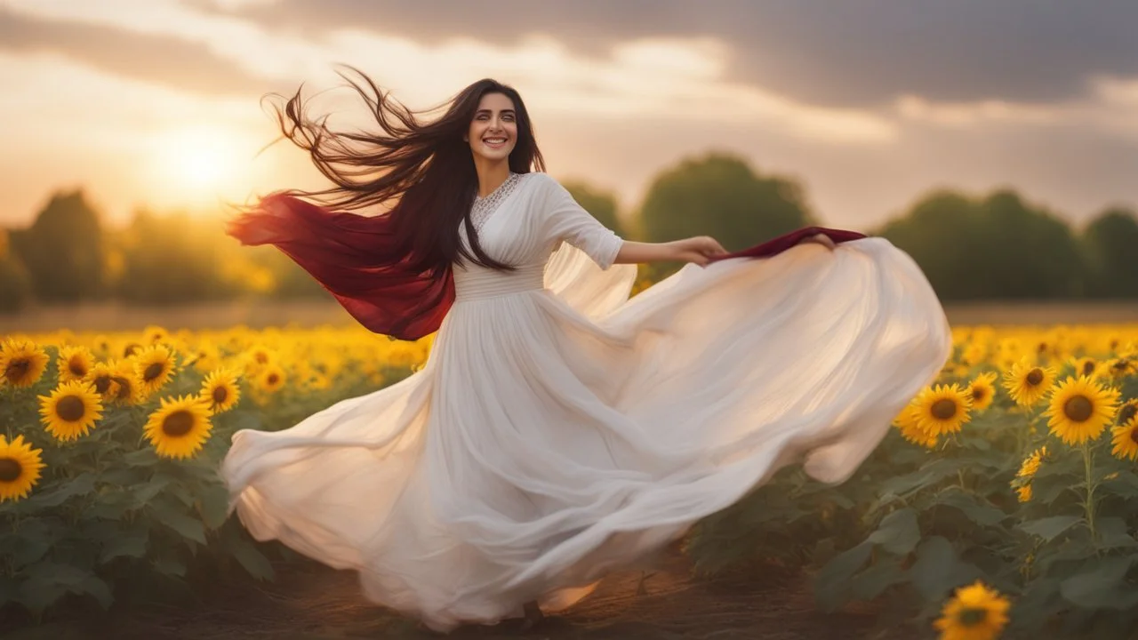 Hyper Realistic Beautiful-Young-Happy-Pashto-Woman-Smiling with beautiful-long-black-hair-&-white-dress-with-maroon-shawl & breeze-whirling in a sunflower-field with a tree behind & cloudy-sunset showing dramatic & cinematic ambiance