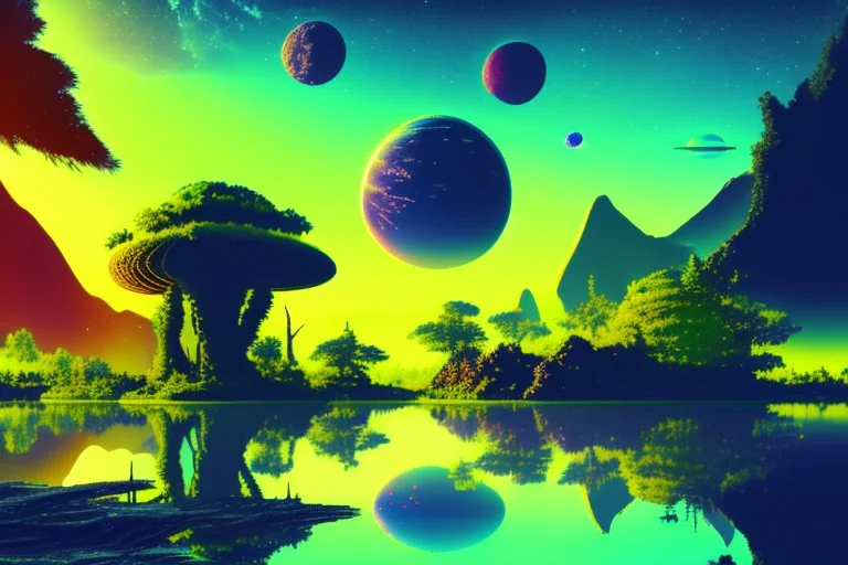 Alien landscape with forest, exoplanet, boat, exoplanet in the sky, Lagoon reflection vegetation, sci-fi, concept art, movie poster, cinematic