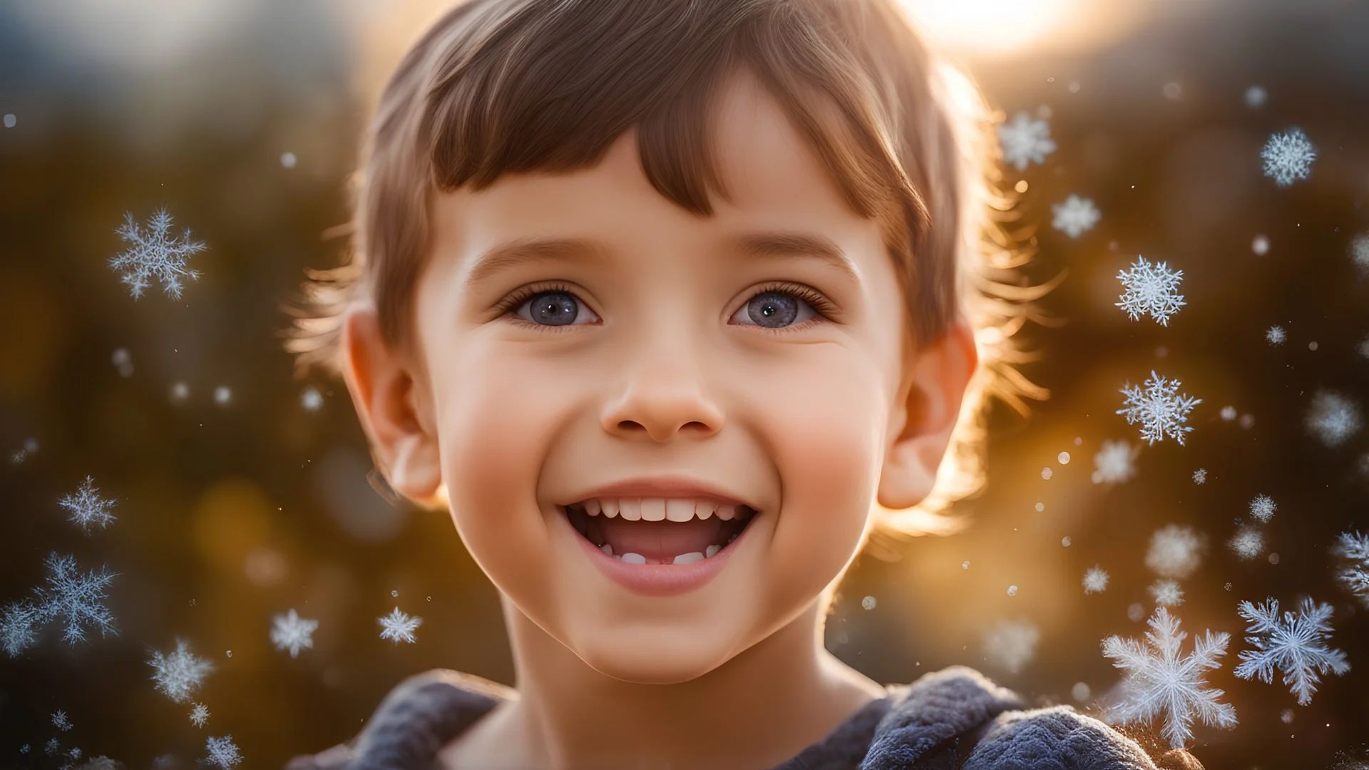 Magical Fantastic young happy child facing camera, Liquid Structure, Flying snowflakes, Splash, Portrait Photography, Fantasy Background, Intricate Patterns, Ultra Detailed, Luminous, Radiance, Joy, Exuberance, Fun, energy, excitement, Ultra Realism, Complex Details, Intricate Details, 16k, HDR, High Quality, Trending On Artstation, Sharp Focus, Studio Photo, Intricate Details, Highly Detailed