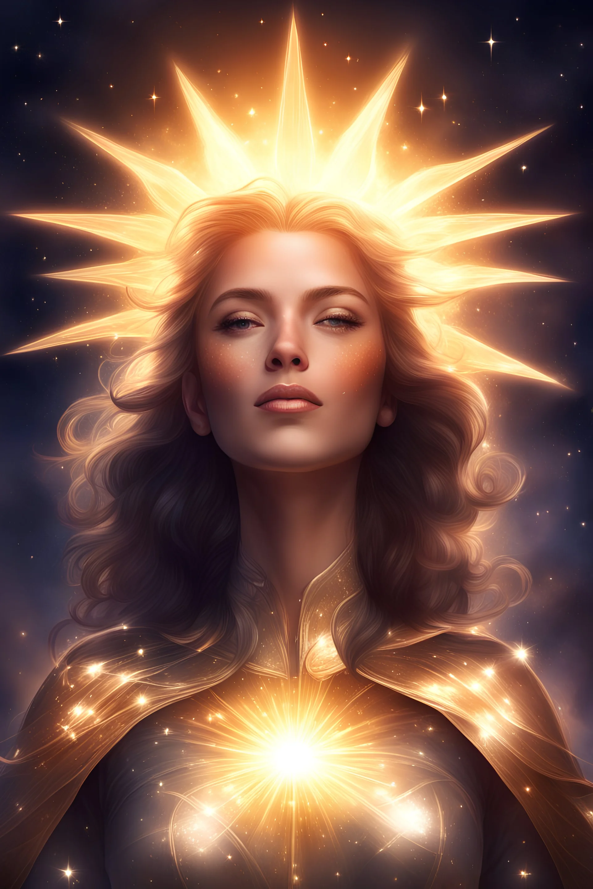 glowing radiance, sun, starlight, stars, woman, proud, heroic