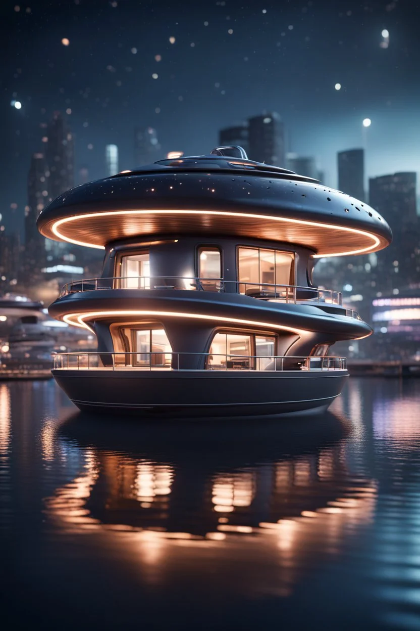 a donut shaped modular house boat that looks like a dark twisted alien space ship with spotlights, in advanced hi tech dock, bokeh like f/0.8, tilt-shift lens 8k, high detail, smooth render, down-light, unreal engine, prize winning