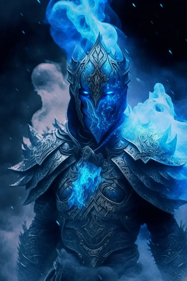 blue smoke in a shape of humanoid and a colour of a storm wearing a scalemail armor