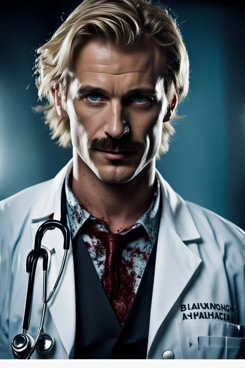 Mid-thirties, Caucasian male doctor, creepy smile, messy blonde hair, light-colored thick mustache, pale blue eyes, broad shoulders, muscular, six foot, Hawaiian shirt under white lab coat, bloodstains at the edges of the lab coat. Strong Jaw line, in a dark, shadowy room with tendrils of black reaching around him. photo realistic