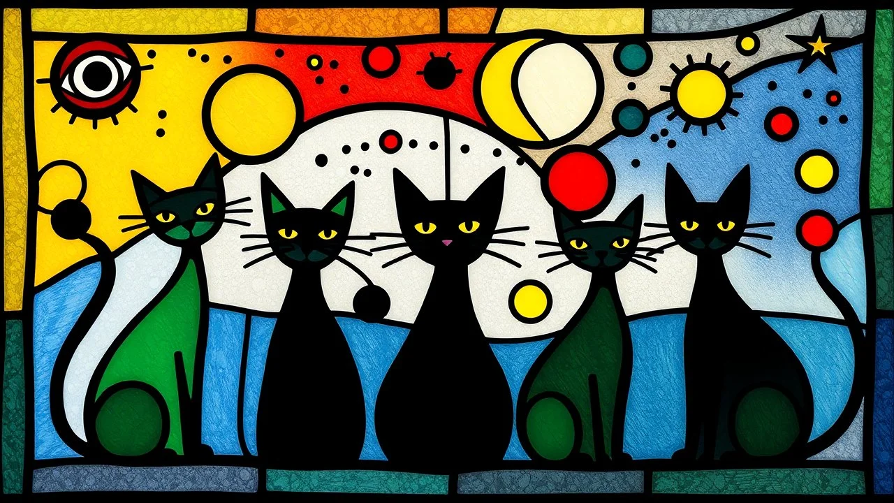 a playful abstract stained glass window in the style of Joan Miró, featuring six minimalist cats made of bold black lines and simplified organic shapes. The composition includes floating eyes, moons, dots, and stars in primary colors — red, yellow, blue — mixed with bright green and black. Each cat is reduced to essential forms: circles, curves, sharp ears, long tails, integrated into a colorful, free-flowing pattern. The stained glass has a modern, light-hearted energy, filled with whimsical sy