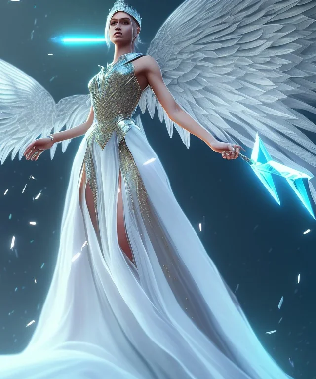 A crystalised queen, atmospheric, realistic, unreal engine, cinematic lighting, octane render, transparent long dress, blonde, full body, wings