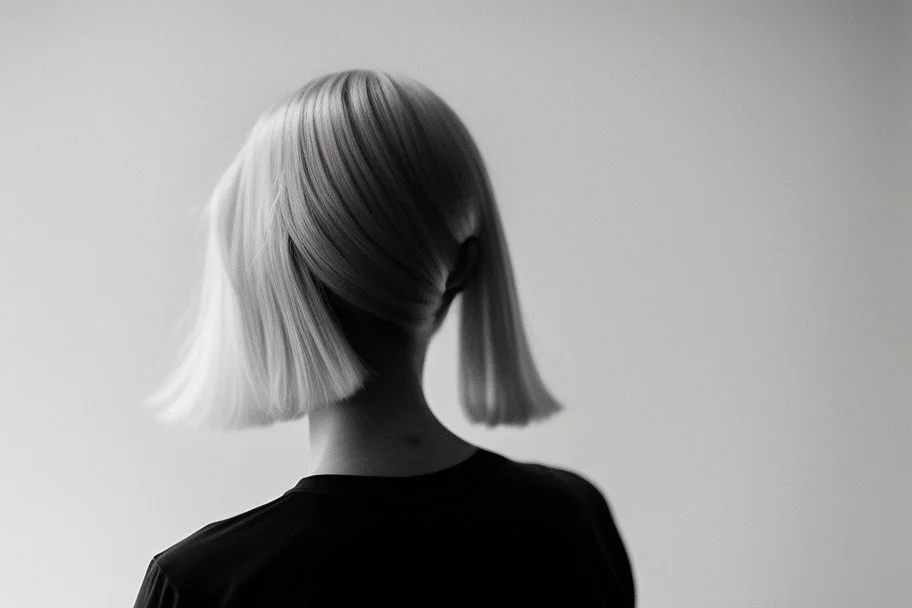 Mujer rubia de espaldas, retrato primer plano., iluminada desde desde el rostro hacia la cára, al estilo de la foto del fotógrafo Hugo Alonso. Imagen en blanco y negro vaporoso