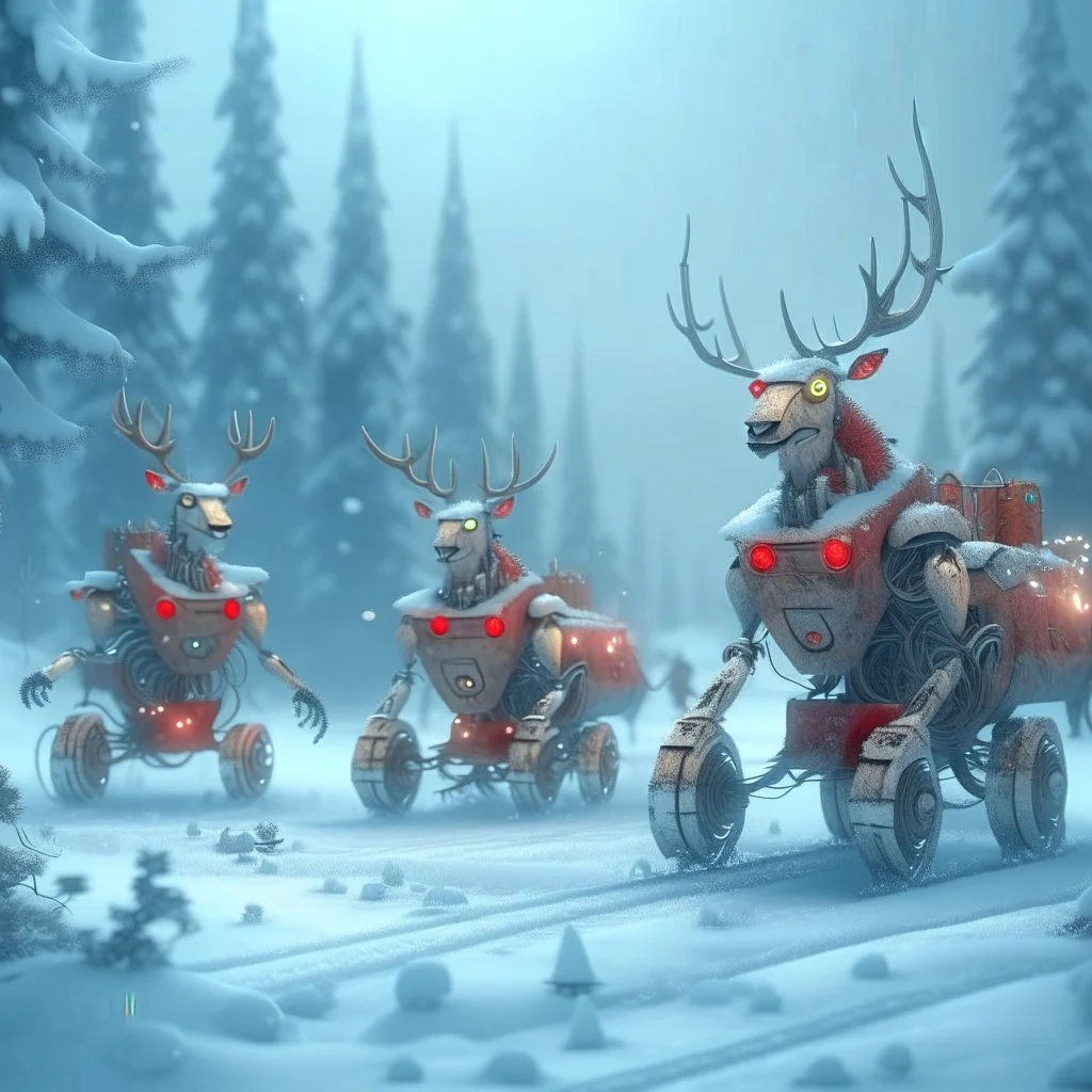 reindeer robots hauling sled with fat robot santa and presents in snowy misty forest, 8k, down-light, soft light, depth of field, photo realism, trending on art station, high detail