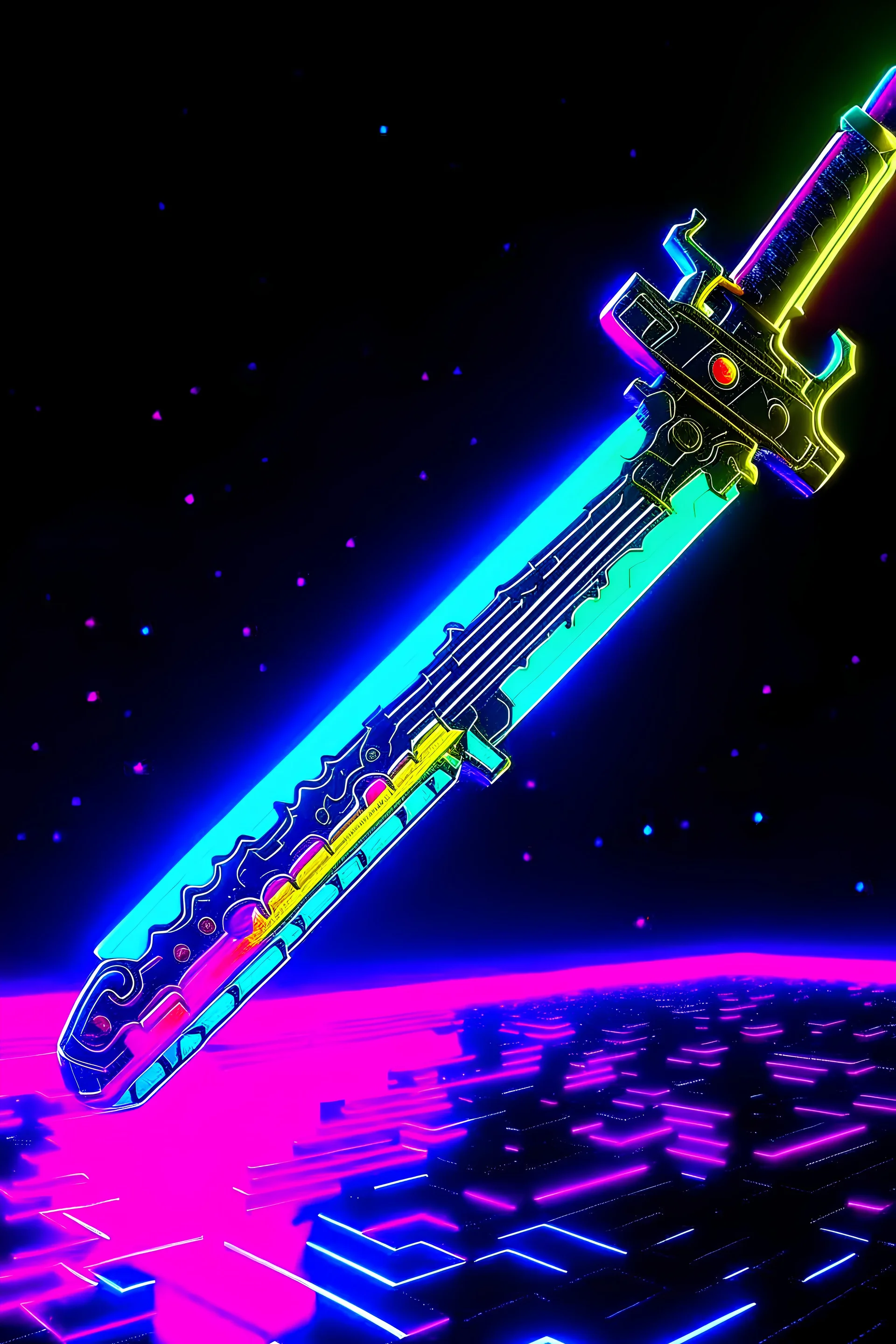 Create an AI-generated artwork of a futuristic, cyberpunk-inspired moomoo.io sword with a sleek and menacing design. Incorporate neon lights, metallic textures, and intricate patterns to make it look both high-tech and lethal. Think of how this sword would fit into a dystopian, technological world where it's a prized weapon of choice for skilled players."