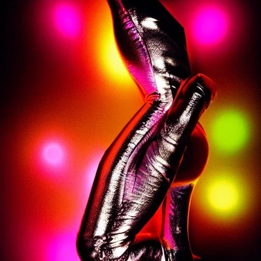 A 1990s or early 2000s magazine photoshoot. Neon blob, metallic spikes, ethereal. Extremely detailed, HD photography, high quality, stylized, dramatic, high contrast, high exposure.