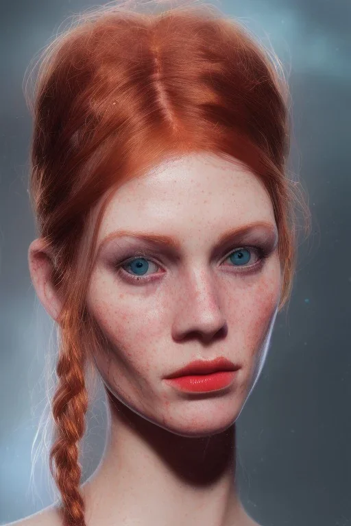 Woman, gost, cute, beautiful, orange hair, two braids, wild bangs, blue eyes, big eyes, freckles, long eyelashes, pink lipstick, thin lips, small nose, Gillian from Practical Magic, 8k resolution concept art portrait by Greg Rutkowski