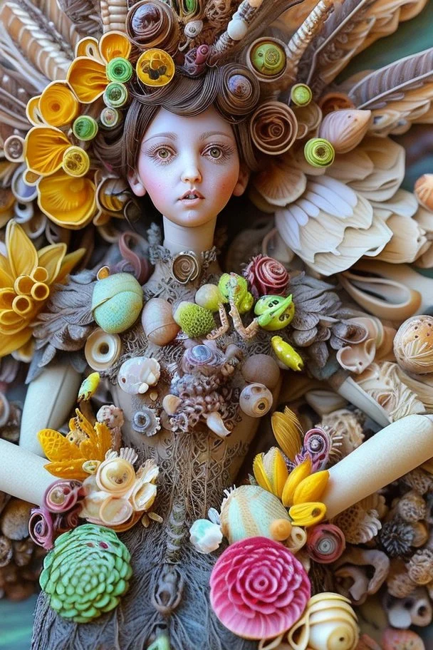 'Doll Parts" depicts a statue at Burning Man consisting of mismatched doll parts decorated with intricately detailed quilling consisting of flowers, foliage, feathers, shells, fossils, wood, pinecones, and gemstones; surrealism; Salvador Dali; Mixed media, quilling, rapturous, award-winning, intricate, insanely detailed, elegant, fantasy