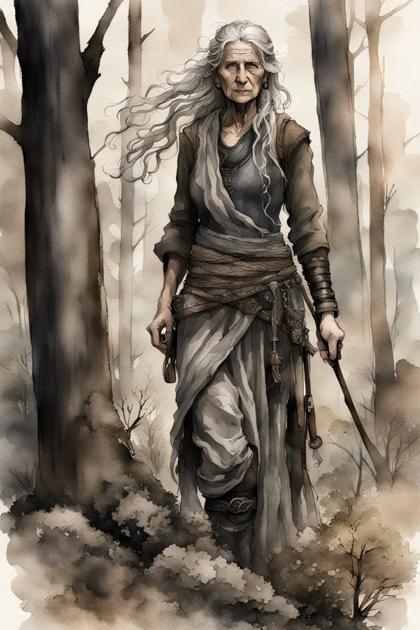 ink wash and watercolor illustration of an ancient grizzled, gnarled female vagabond wanderer, long, grey hair streaked with black, highly detailed facial features, sharp cheekbones. Her eyes are black. She wears weathered roughspun Celtic clothes, emaciated and tall, with pale skin, full body , thigh high leather boots within a forest of massive ancient oak trees in the comic book style of Bill Sienkiewicz and Jean Giraud Moebius , realistic dramatic natural lighting