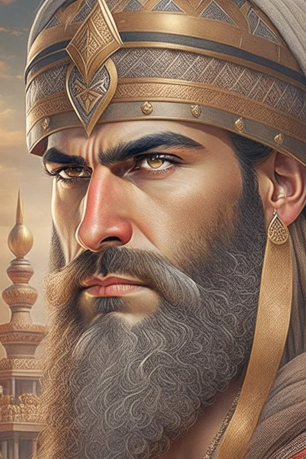 Mesopotamian warrior, expression serious, aura, portrait, background Mesopotamian city, comic style, long beard,