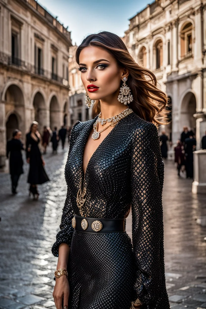 Beautiful model female fashion vogue style, portraits with dresses Gucci, Balenciaga, Chanel, background Rome via Nazionale, via Condotti, Piazza di Spagna, Dramatic ambience, wearing shining Diamond Jewelry, in sharp focus, post – processing, perfect composition, global illumination, Canon EF 16 – 35mm f/ 2. 8L III USM Lens on a Canon EOS 5D Mark IV camera, Cinematic lighting, Dramatic lighting, sharp focus, photorealistic, Ultimate Luxury, romantic mood, expressions, 4k, 8k, 16k, full ultra hd