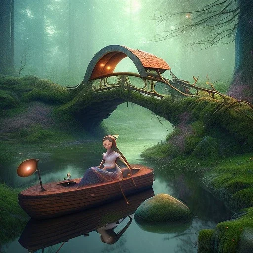 poet with lute, elf sleeping in tiny boat under wooden bridge in magical forest, spray painting, foliage frame, fantasy art , movie poster, Realistic photography, incredibly detailed, ultra high resolution, 8k, complex 3d render, cinema 4d, color corrected