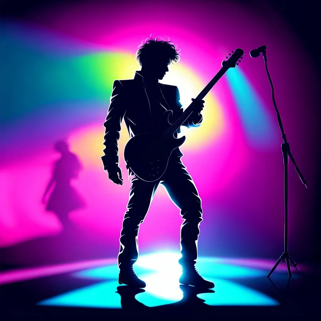 The silhouette of a musical performer in the spotlight. - very noticeable shadows - very realistic details - style: "synthwave"