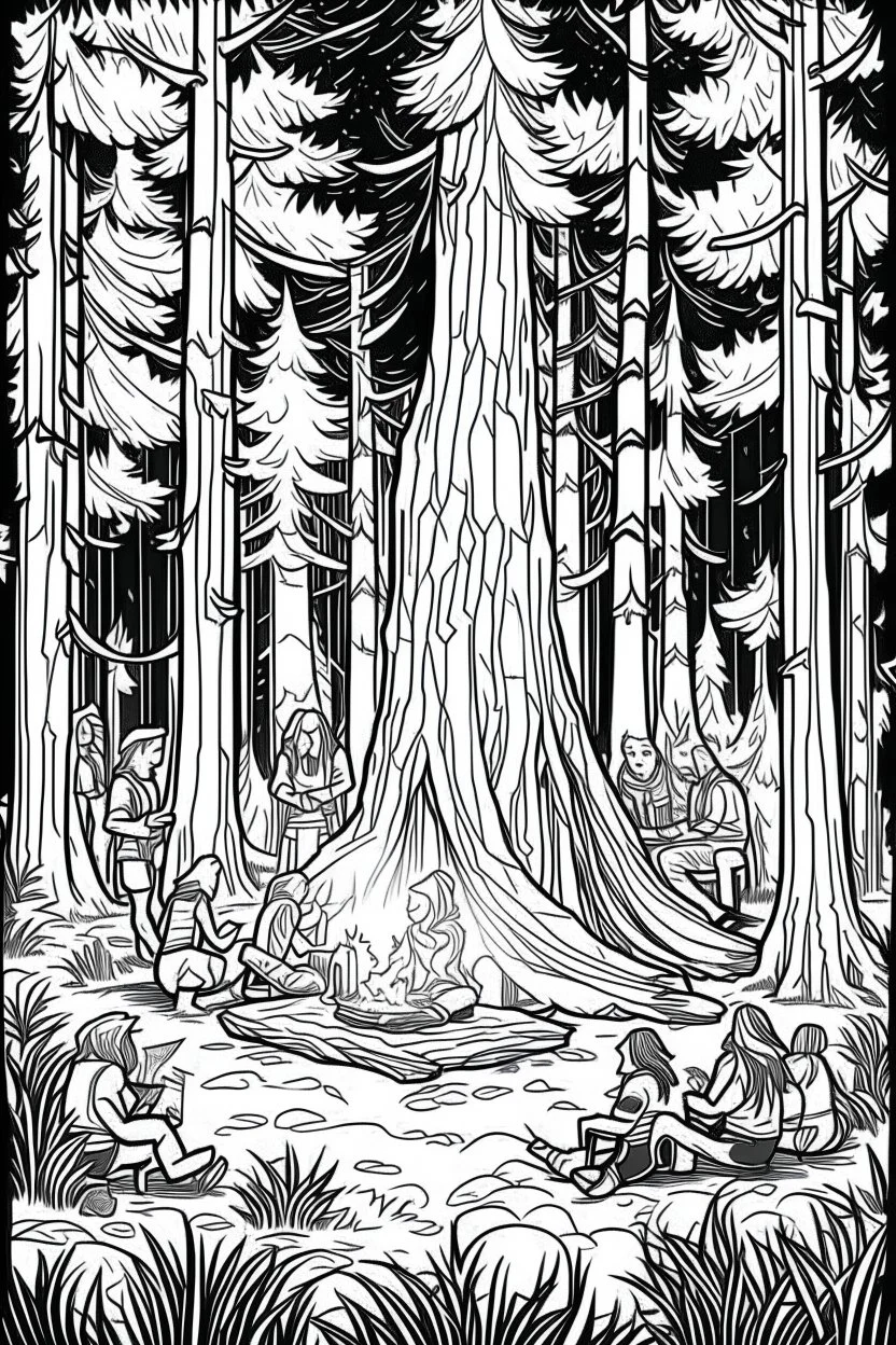 Under the vast canopy of ancient redwood trees, a group of friends dances joyously around a roaring campfire. The towering trees create a cathedral-like atmosphere, and the bonfire's flames illuminate the massive trunks, conveying the profound connection with nature and the freedom of uninhibited expression..coloring book page, simple and clean line art, adult drawing book, black and white, crisp black lines, no shades, sharp lines, coloring book for adults, cartoon style, landscape