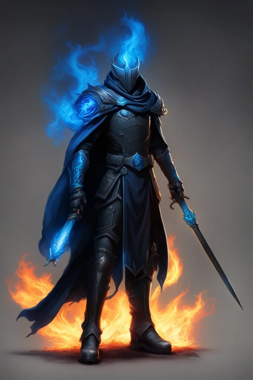 A commander with a matte black combat helmet and eyes with bright blue flaming pupils, a black cape and a long coat with long combat boots and a long, sharp and fiery spear and with his helmet under his cape and two blue flames instead of eyes