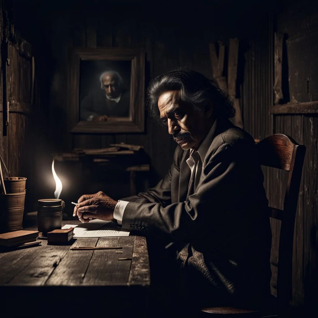 Hyper Realistic Jaun Elia Poet Sitting A Wooden Chair In His Dark Vintage Room Writing Poetry With Cigarette In His Other Hand On A Rustic Table At Dark Night With Cinematic & Dramatic Ambiance.