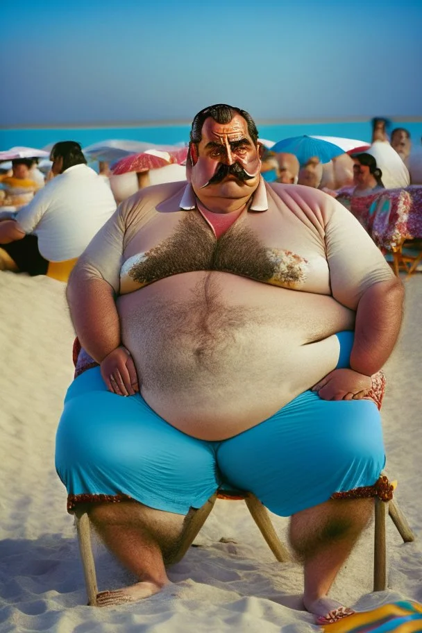 full figure shot photography of a serious ugly burly chubby strong turkish 51 years old with traditional pants, sells colored pareos on a crowded beach, mustache, sitting on a beach chair, sunligh, photorealistic, 35mm lens, side light, ambient occlusion