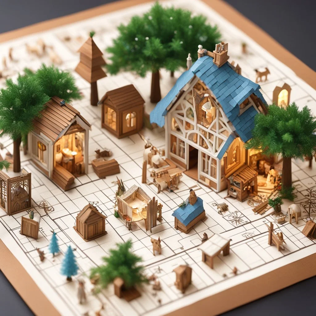 a Detailed Model of diagrams and instructions for creating digital paper houses. A detailed isometric digital illustration. The central focus is a miniature, intricately detailed Miniature Nativity scene manger scene, crèche with Maria and Joseph, Ox and donkey are there, a small tree