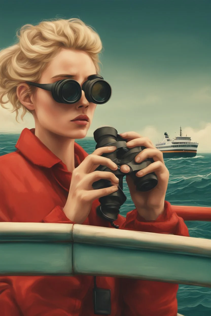 23 years old girl, with blond hair and a messy bun. standing on in a red boat, wearing red clothes and looking trough binoculars watching something in the middle of the sea. You see the whole boat. You see the gril in front. It's a ferry. Wes anderson style. In front. Sarcastic