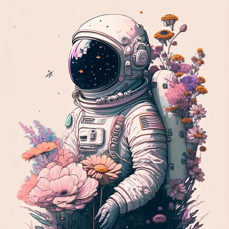 "floral astronaut" hand-drawn digital art, muted tones, flowers everywhere, REALISTIC, anime, 4k, colorful, galaxy