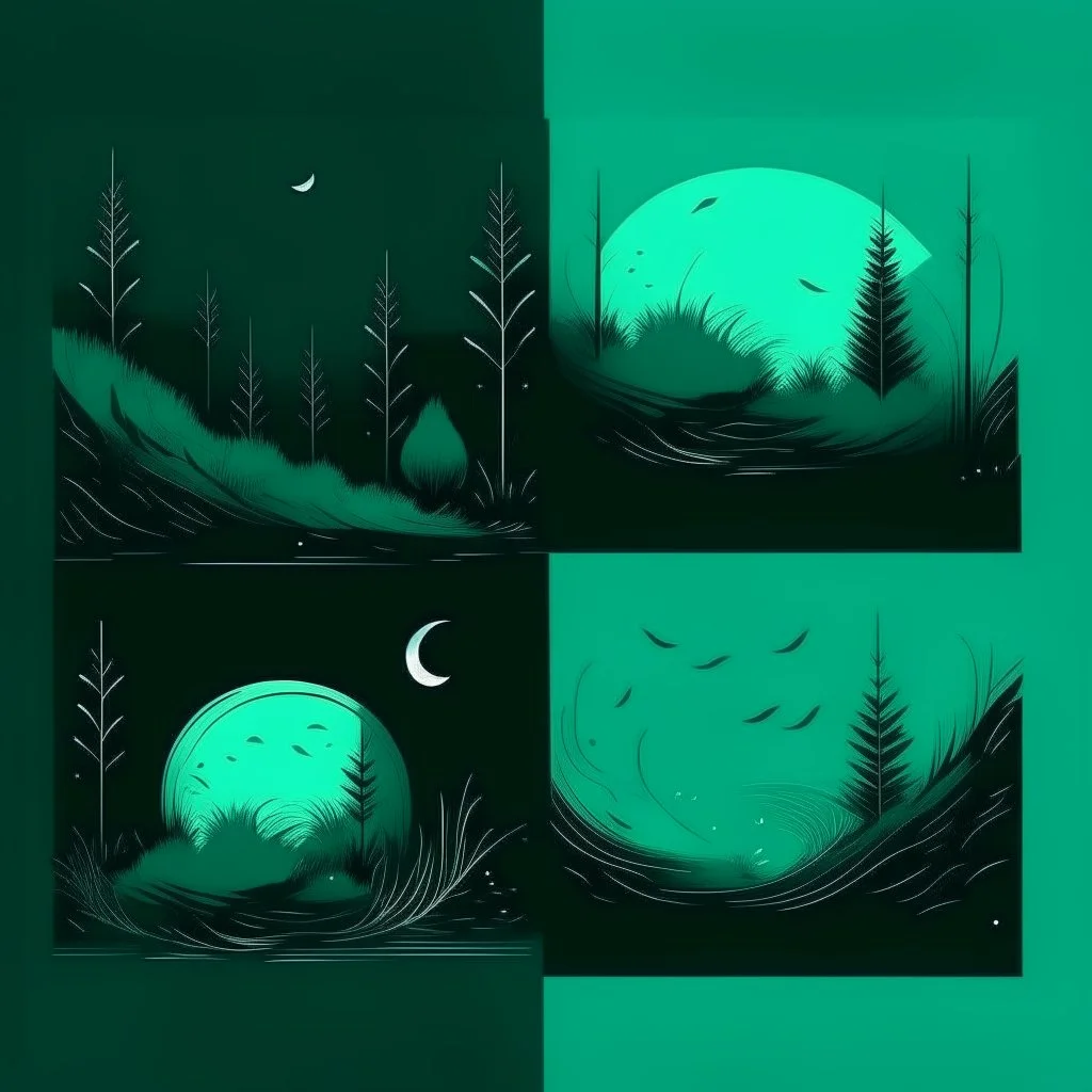 Minimalist hand drawn heavy brush stroke illustrations of nature with strong turquoise on deep green background.