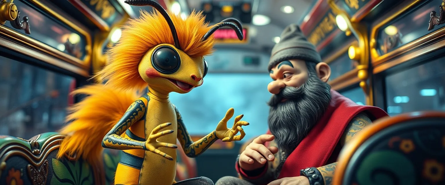 close up portrait of hairy fluffy polymer clay cute happy excited gesticulating alien monster banana wasp squirrel with realistic human colored and textured skin, and long sleek limbs and with studio lights, on a luxury ornate neon buss with strange graphitti and tatooes, talking to a wise man, buss is full of smoke, and bright beams from the sky
