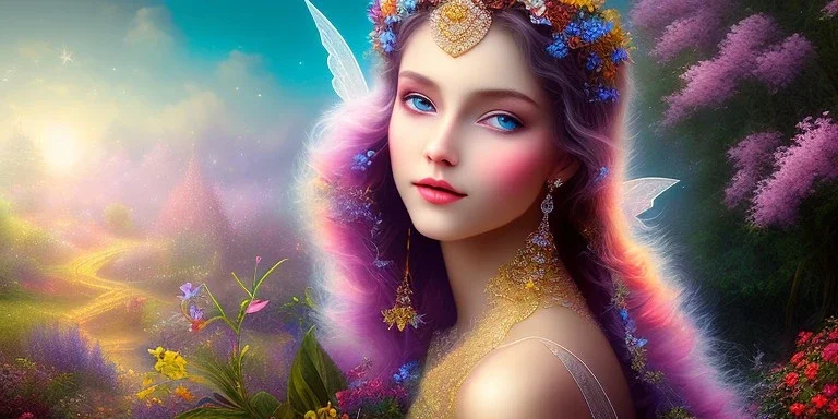 bright fairy, beautiful portrait, flowery landscape