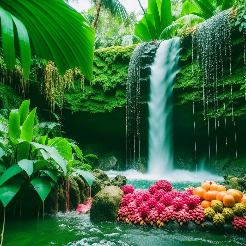 Separate waterfall with tropical leaves and dragon fruit