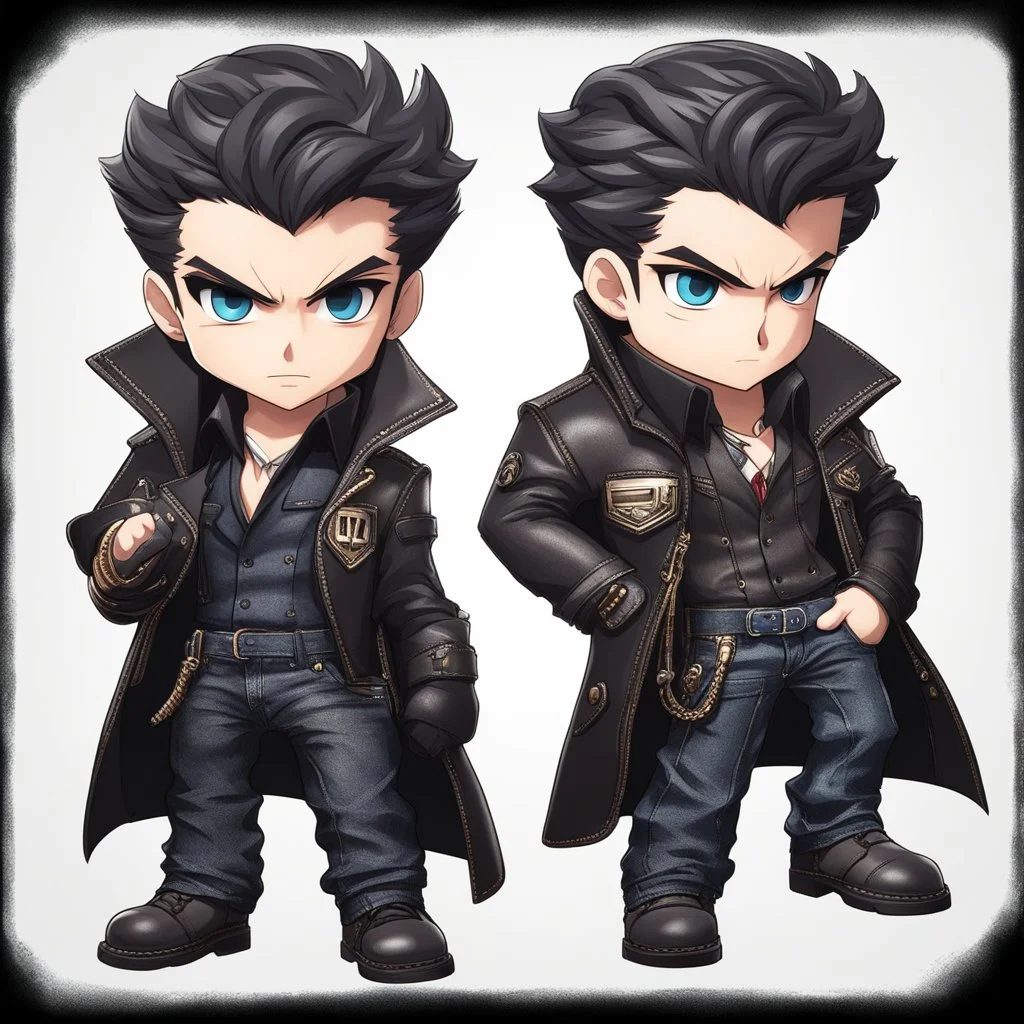 a chibi man with messy black hair, blue eyes, mafia capo, leather and denim outfit, intricately detailed