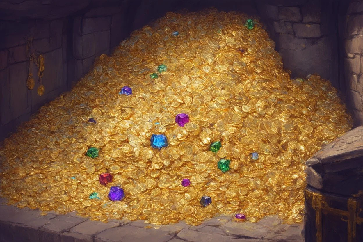 dnd, fantasy, watercolour, large strokes, stylistic, large and deep dungeon, piles of gold coins, chests full of gold, various gems, various riches, opulent, grandiose
